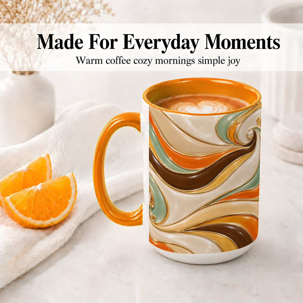 #pl[15oz|Orange] Retro Abstract Waves Ceramic Mug, Orange Green Swirl Art