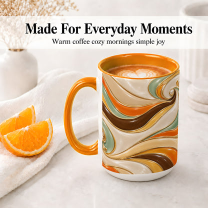 #pl[15oz|Orange] Retro Abstract Waves Ceramic Mug, Orange Green Swirl Art