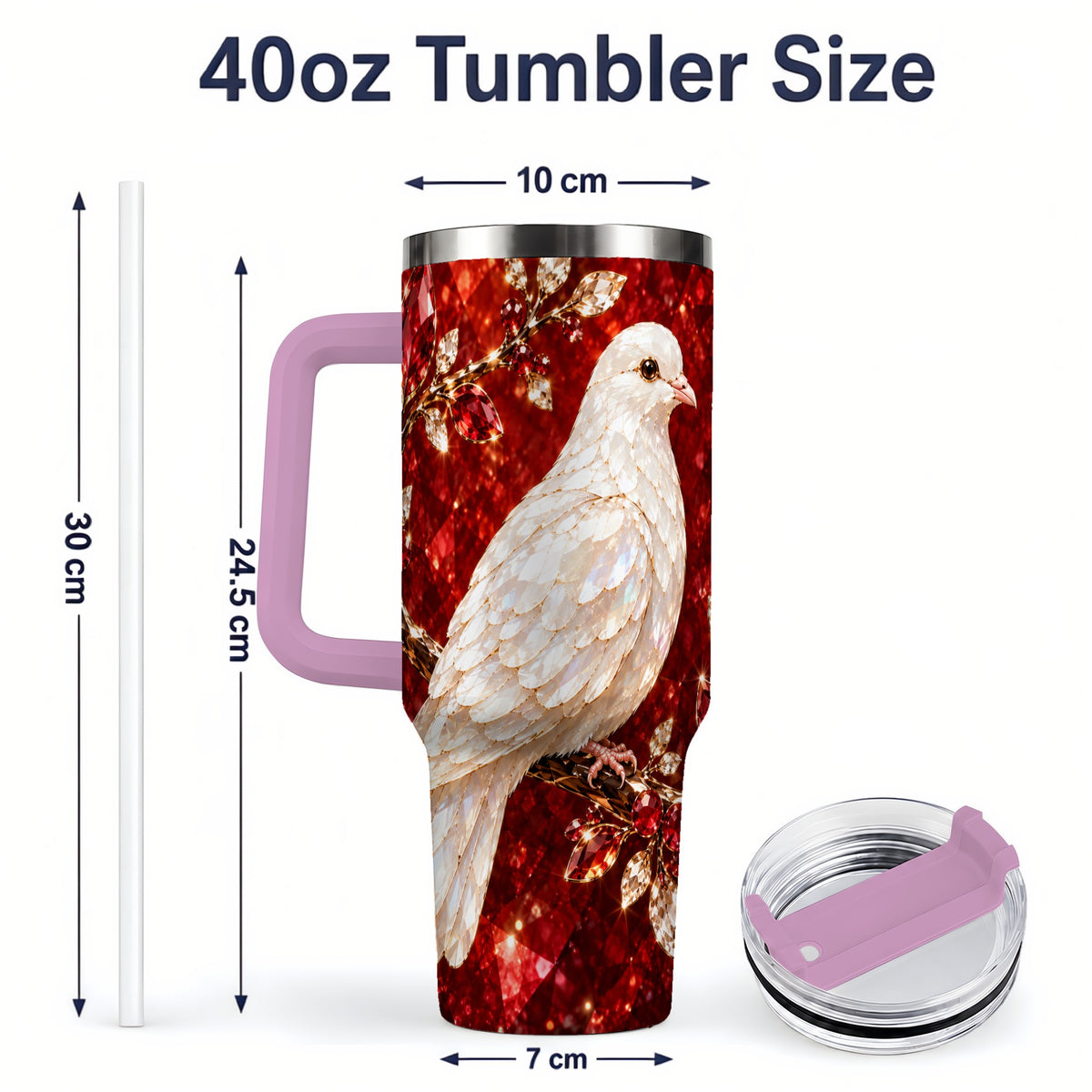 #pl[40oz|Pink] White Dove Tumbler, 40oz Tumbler with Red Jewel Botanical Artwork