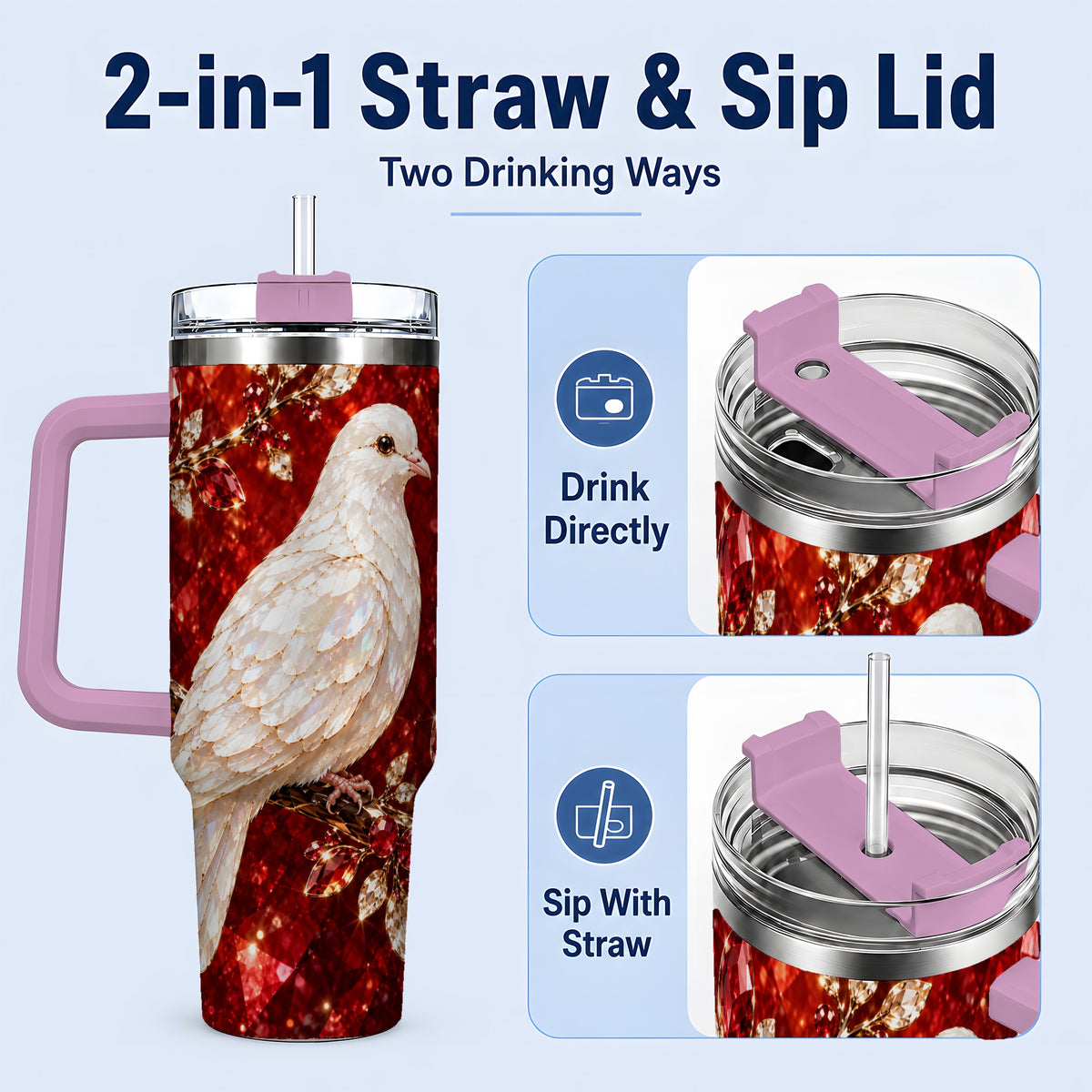 #pl[40oz|Pink] White Dove Tumbler, 40oz Tumbler with Red Jewel Botanical Artwork