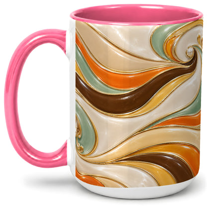 #pl[15oz|Pink] Retro Abstract Waves Ceramic Mug, Orange Green Swirl Art
