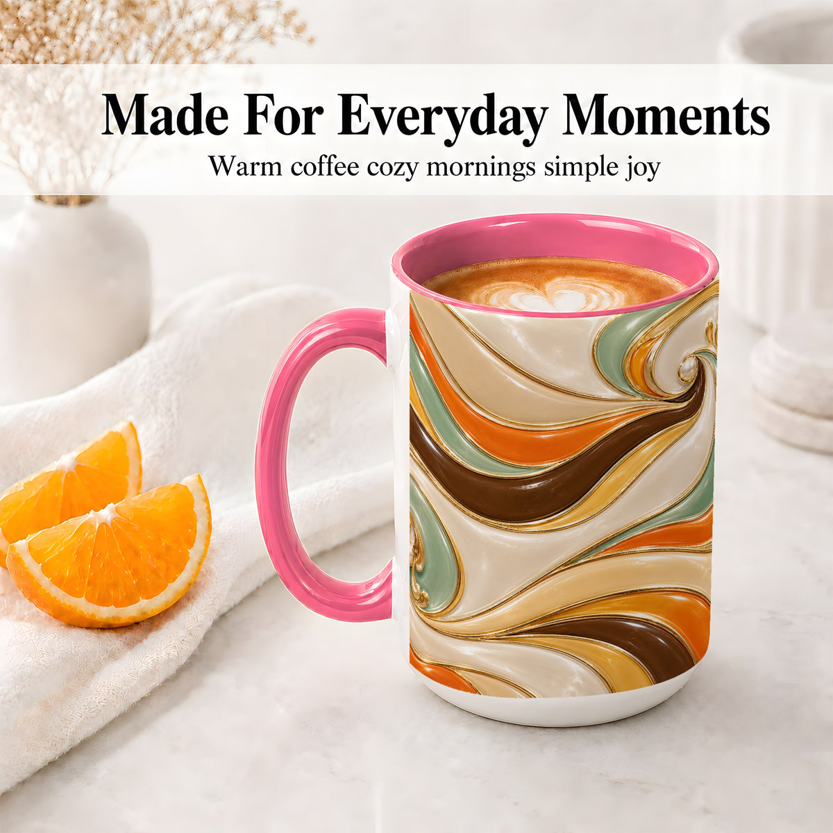 #pl[15oz|Pink] Retro Abstract Waves Ceramic Mug, Orange Green Swirl Art