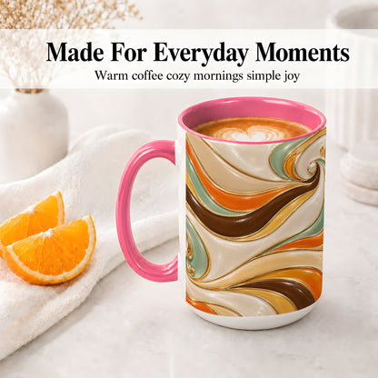#pl[15oz|Pink] Retro Abstract Waves Ceramic Mug, Orange Green Swirl Art
