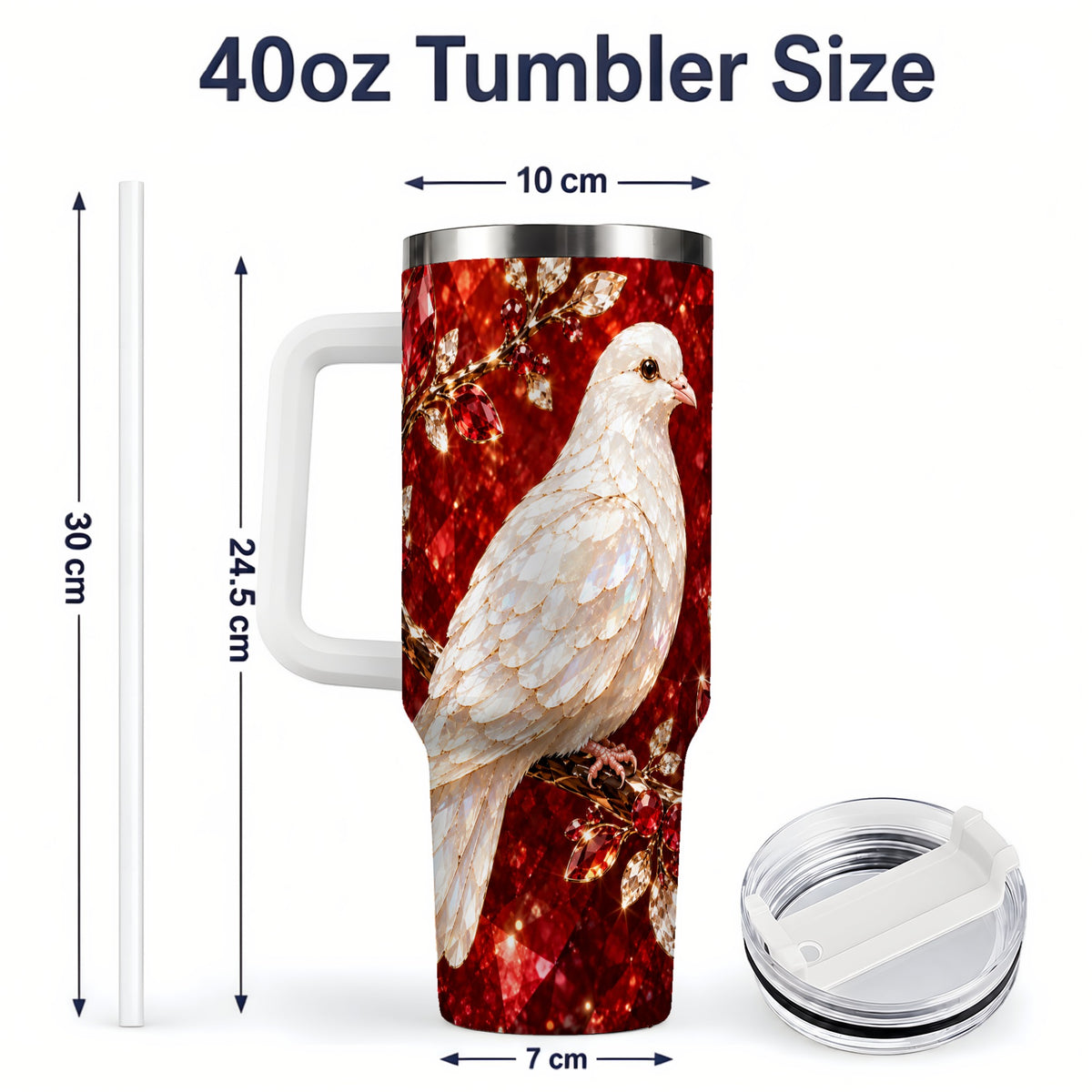 #pl[40oz|White] White Dove Tumbler, 40oz Tumbler with Red Jewel Botanical Artwork