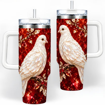 White Dove Tumbler, 40oz Tumbler with Red Jewel Botanical Artwork