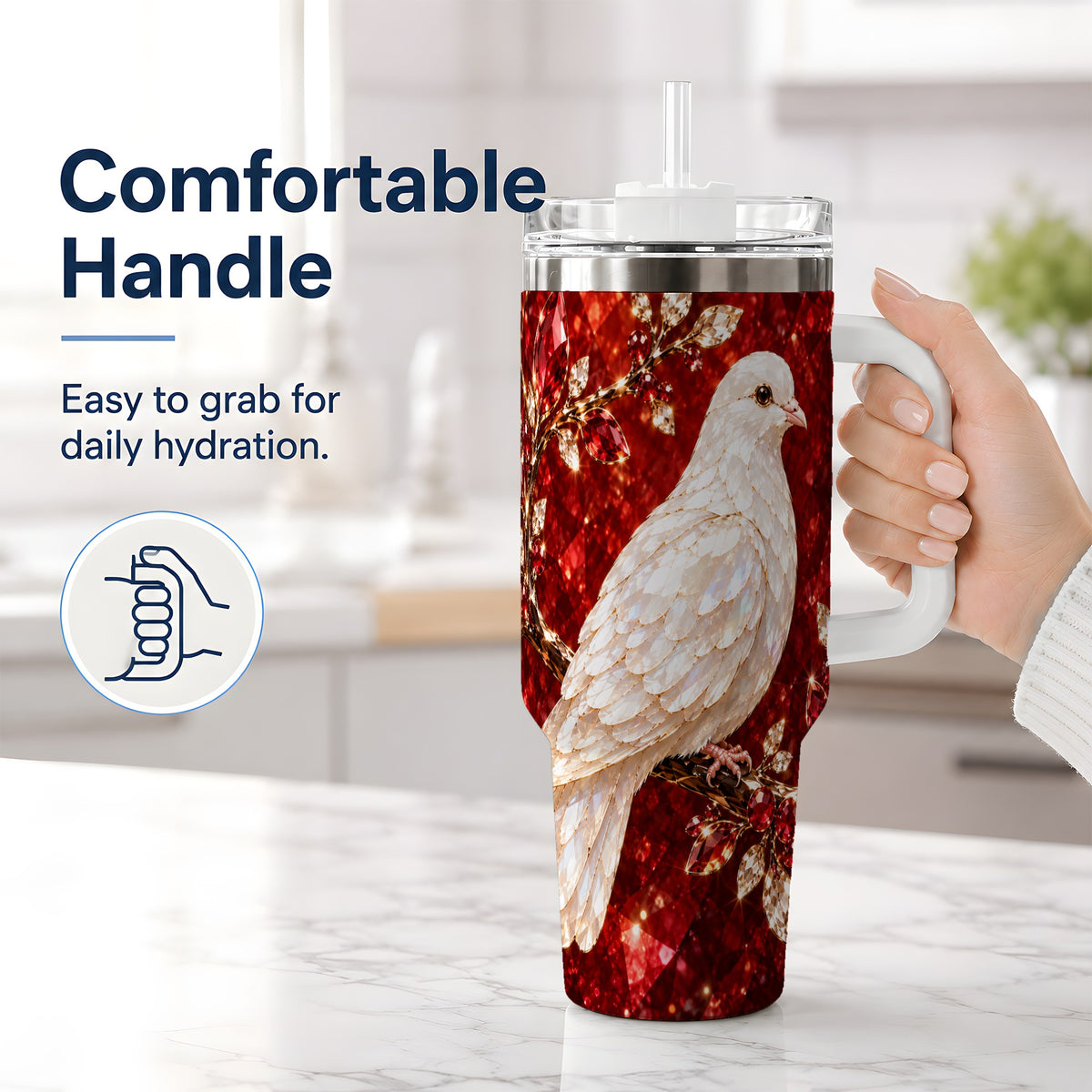 #pl[40oz|White] White Dove Tumbler, 40oz Tumbler with Red Jewel Botanical Artwork
