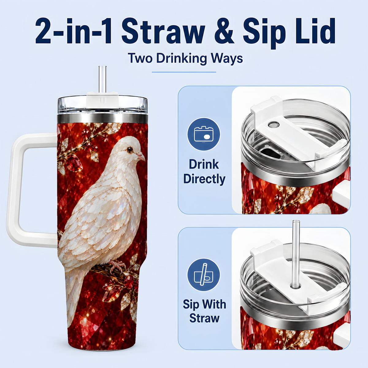 #pl[40oz|White] White Dove Tumbler, 40oz Tumbler with Red Jewel Botanical Artwork