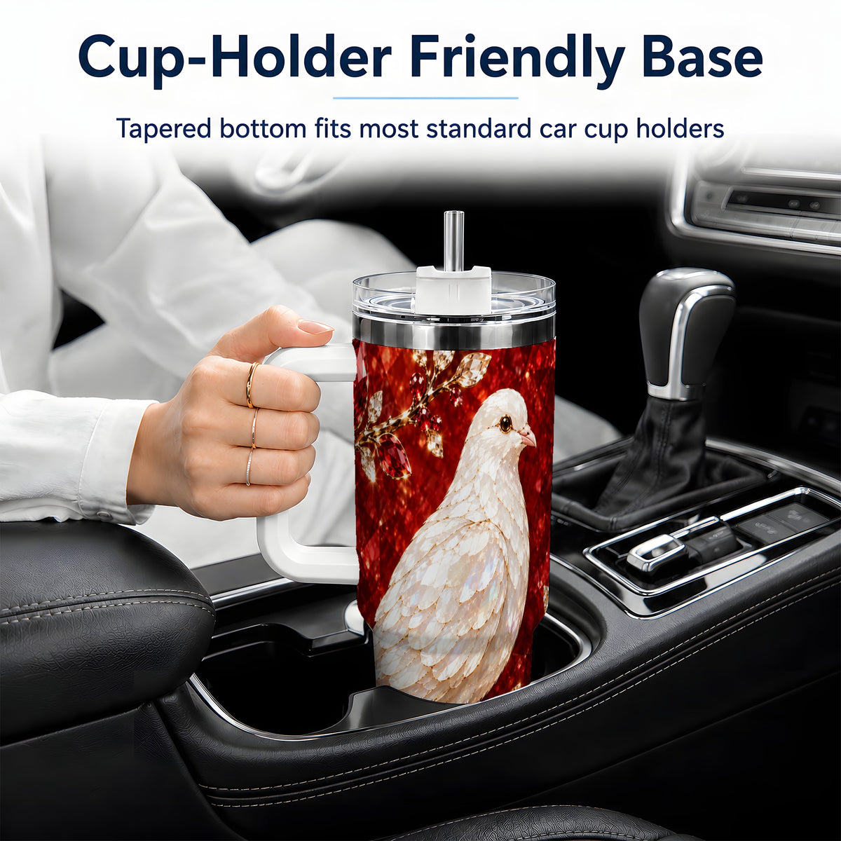 White Dove Tumbler, 40oz Tumbler with Red Jewel Botanical Artwork