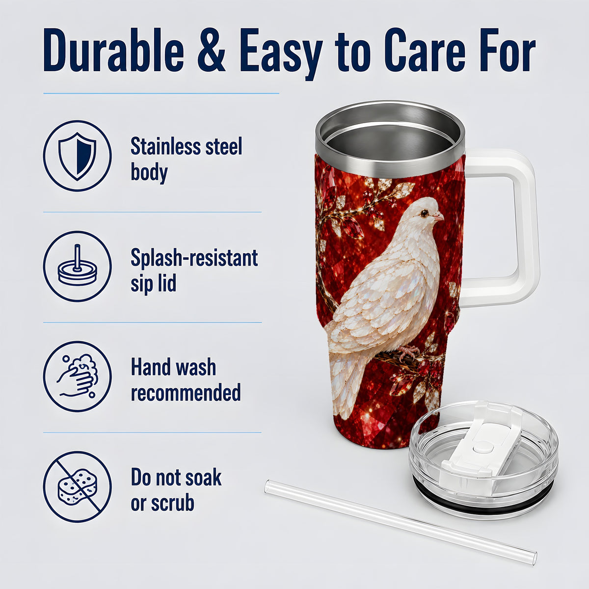 White Dove Tumbler, 40oz Tumbler with Red Jewel Botanical Artwork