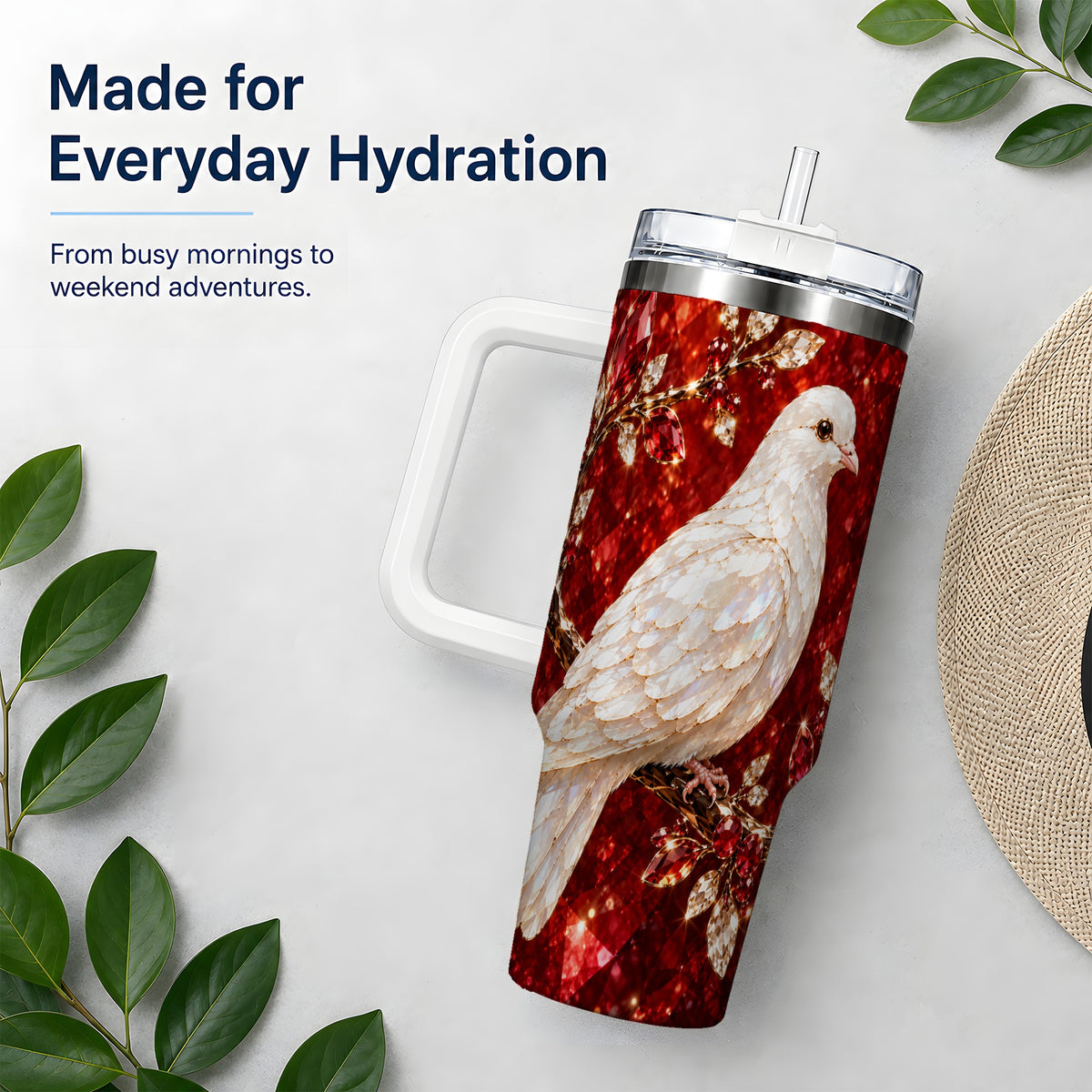 White Dove Tumbler, 40oz Tumbler with Red Jewel Botanical Artwork
