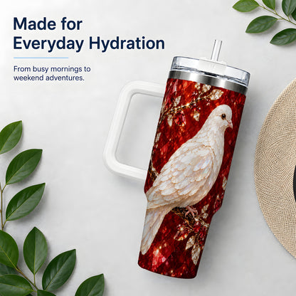 White Dove Tumbler, 40oz Tumbler with Red Jewel Botanical Artwork