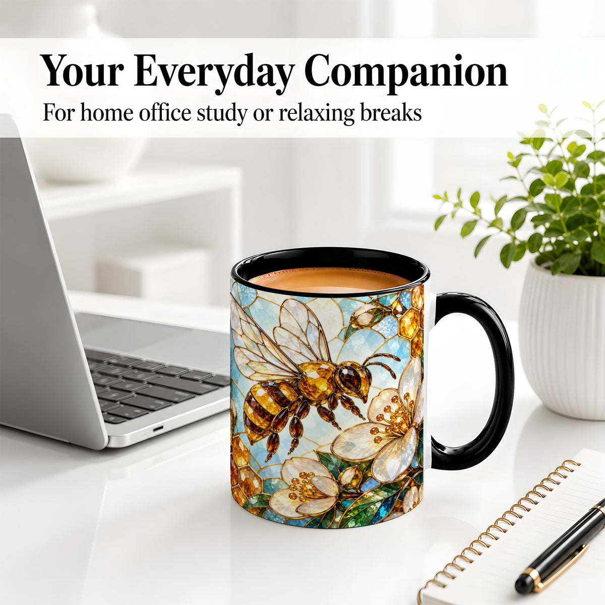 #pl[11oz|Black] Honey Bee Floral Ceramic Mug, Stained Glass Style Artwork