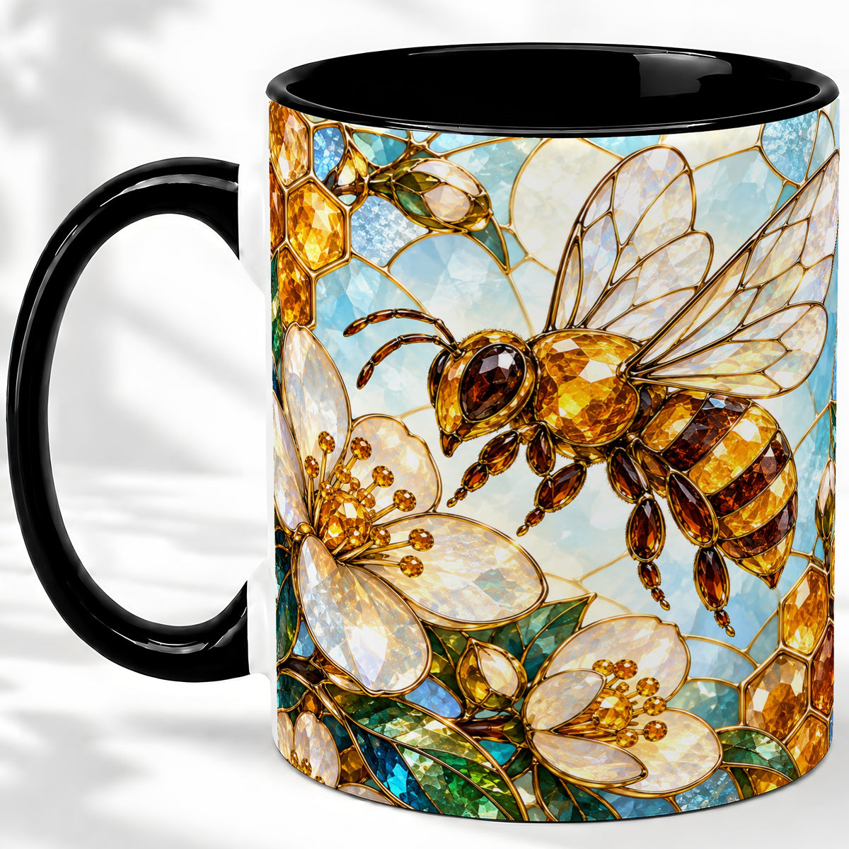 #pl[11oz|Black] Honey Bee Floral Ceramic Mug, Stained Glass Style Artwork
