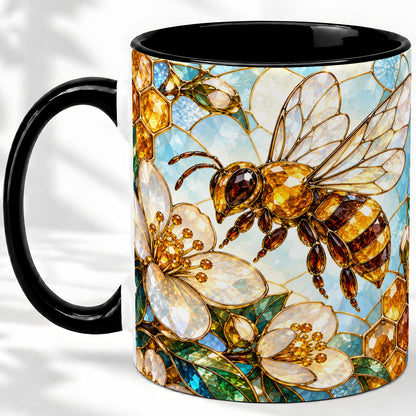 #pl[11oz|Black] Honey Bee Floral Ceramic Mug, Stained Glass Style Artwork