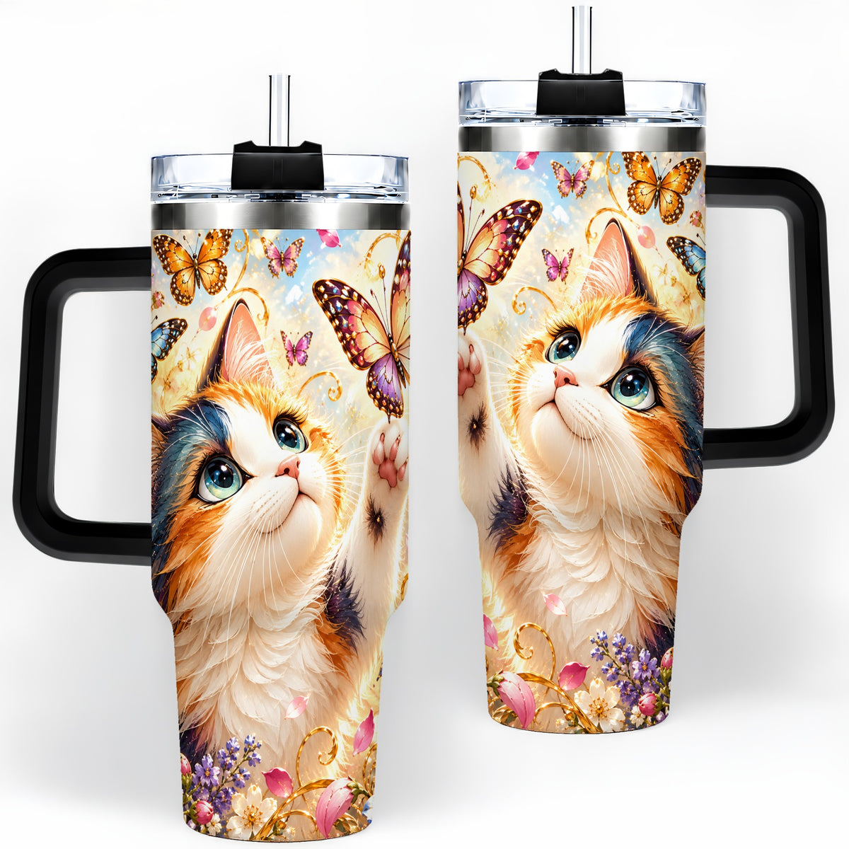 #pl[40oz|Black] Calico Cat Butterfly Tumbler, 40oz Tumbler with Floral Garden Artwork