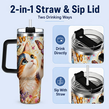 #pl[40oz|Black] Calico Cat Butterfly Tumbler, 40oz Tumbler with Floral Garden Artwork