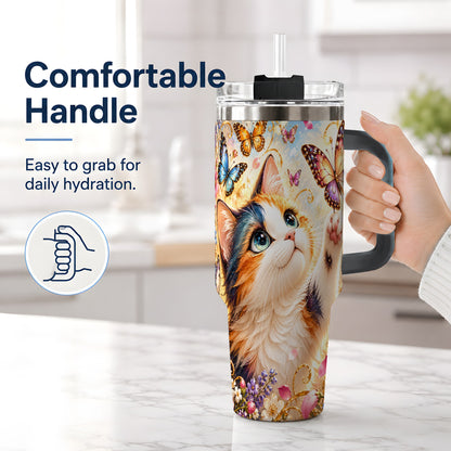 #pl[40oz|Black] Calico Cat Butterfly Tumbler, 40oz Tumbler with Floral Garden Artwork