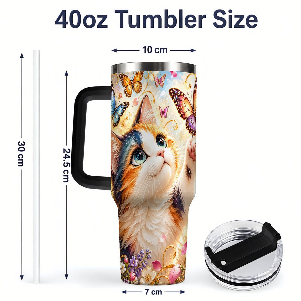 #pl[40oz|Black] Calico Cat Butterfly Tumbler, 40oz Tumbler with Floral Garden Artwork