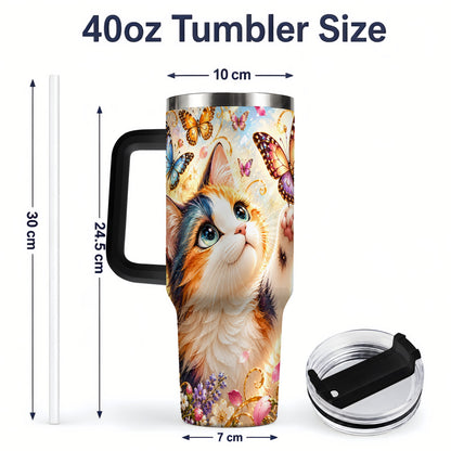 #pl[40oz|Black] Calico Cat Butterfly Tumbler, 40oz Tumbler with Floral Garden Artwork
