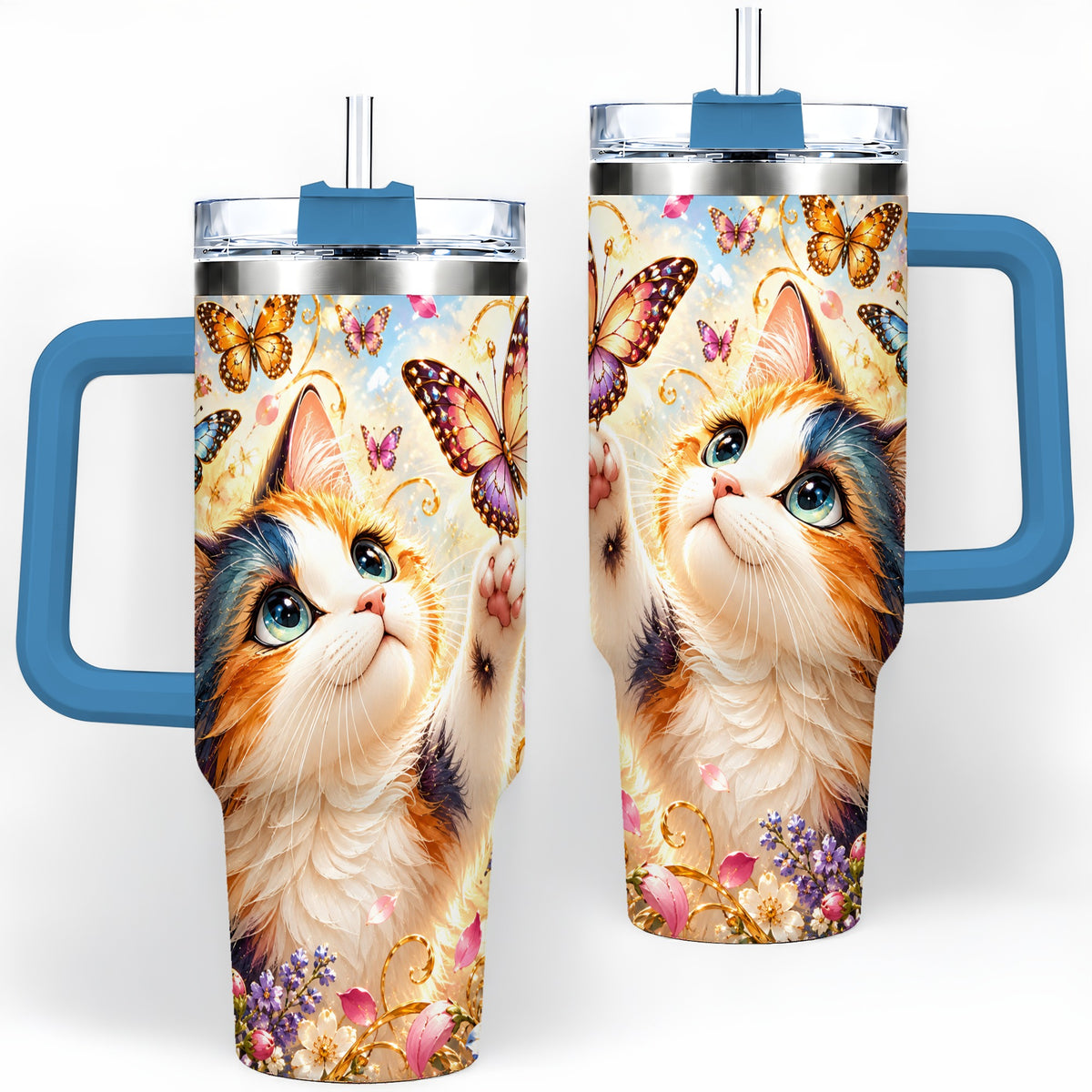 #pl[40oz|Blue] Calico Cat Butterfly Tumbler, 40oz Tumbler with Floral Garden Artwork