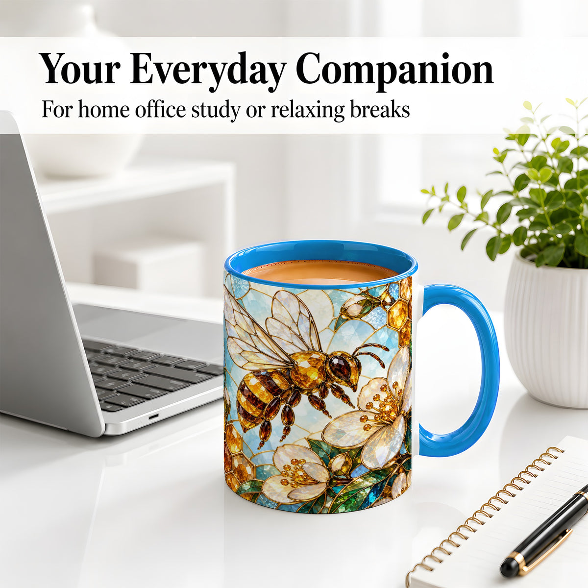 #pl[11oz|Blue] Honey Bee Floral Ceramic Mug, Stained Glass Style Artwork