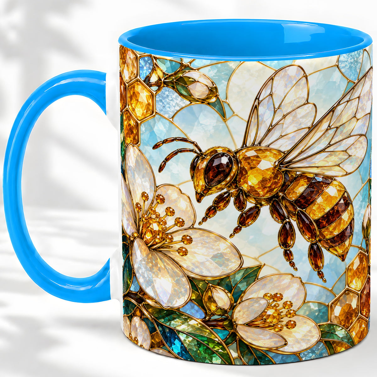 #pl[11oz|Blue] Honey Bee Floral Ceramic Mug, Stained Glass Style Artwork