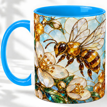 #pl[11oz|Blue] Honey Bee Floral Ceramic Mug, Stained Glass Style Artwork