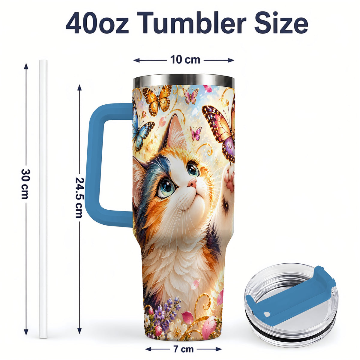 #pl[40oz|Blue] Calico Cat Butterfly Tumbler, 40oz Tumbler with Floral Garden Artwork