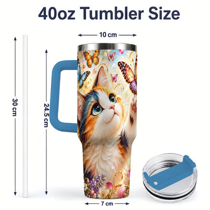 #pl[40oz|Blue] Calico Cat Butterfly Tumbler, 40oz Tumbler with Floral Garden Artwork