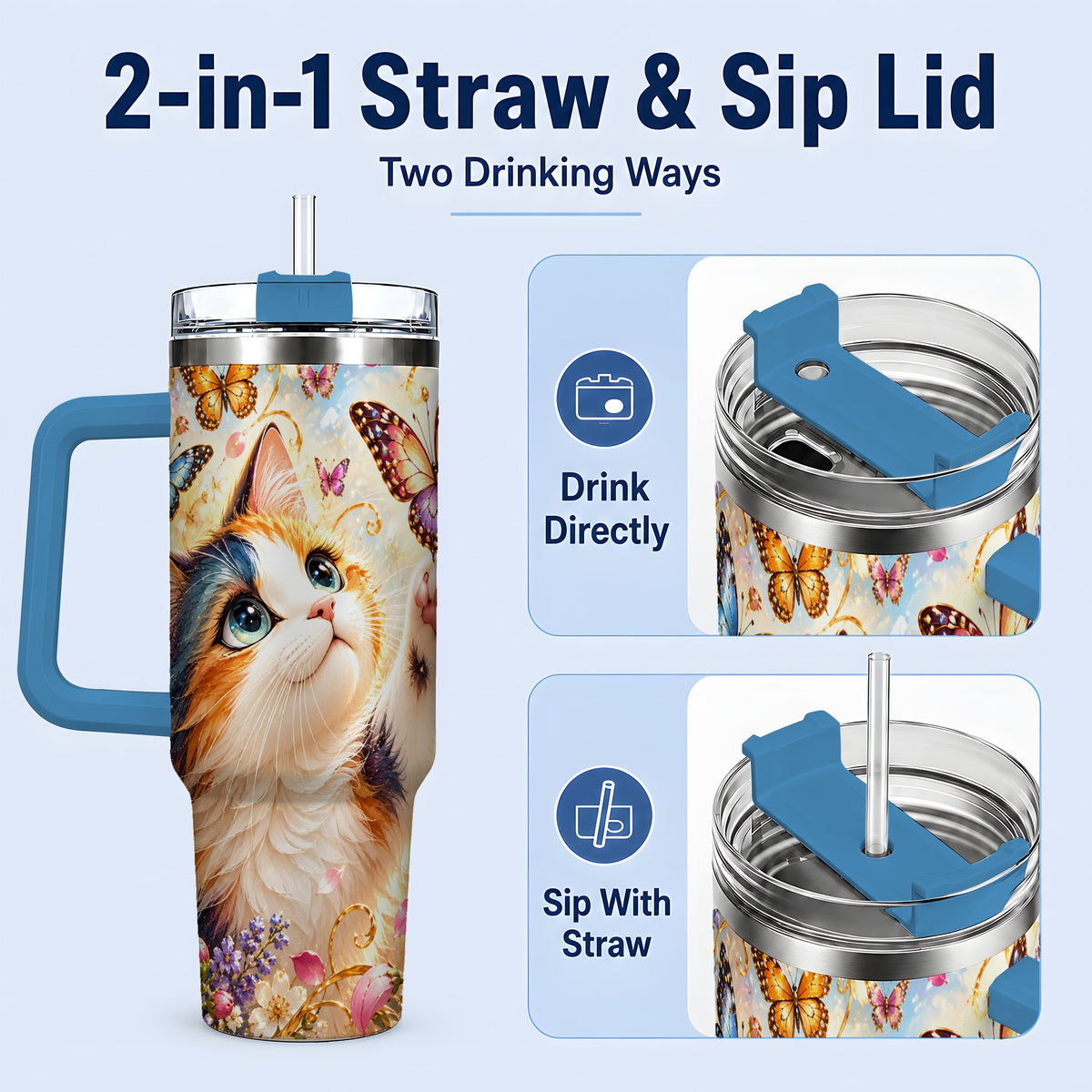 #pl[40oz|Blue] Calico Cat Butterfly Tumbler, 40oz Tumbler with Floral Garden Artwork