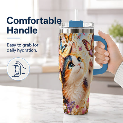 #pl[40oz|Blue] Calico Cat Butterfly Tumbler, 40oz Tumbler with Floral Garden Artwork
