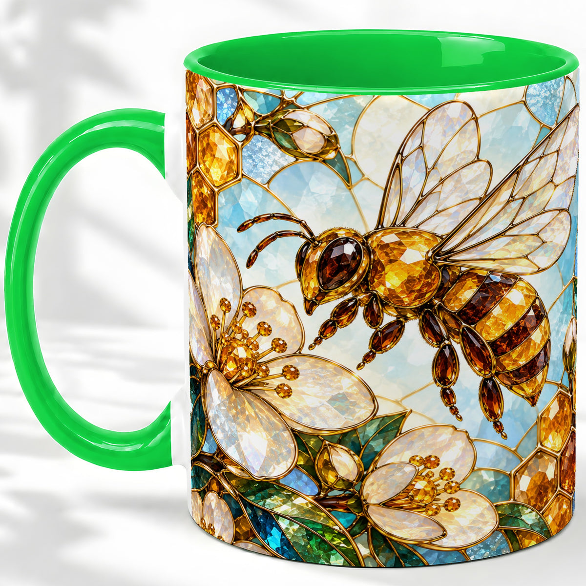 #pl[11oz|Green] Honey Bee Floral Ceramic Mug, Stained Glass Style Artwork