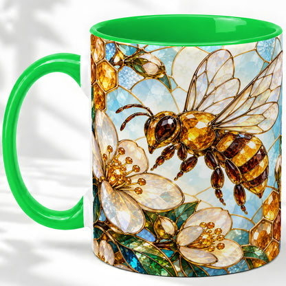 #pl[11oz|Green] Honey Bee Floral Ceramic Mug, Stained Glass Style Artwork