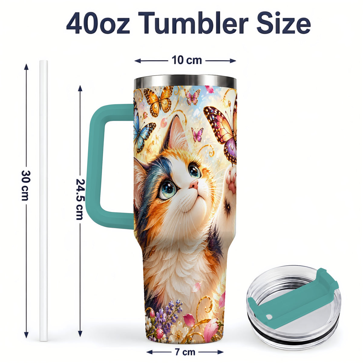 #pl[40oz|Green] Calico Cat Butterfly Tumbler, 40oz Tumbler with Floral Garden Artwork