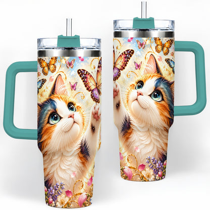 #pl[40oz|Green] Calico Cat Butterfly Tumbler, 40oz Tumbler with Floral Garden Artwork