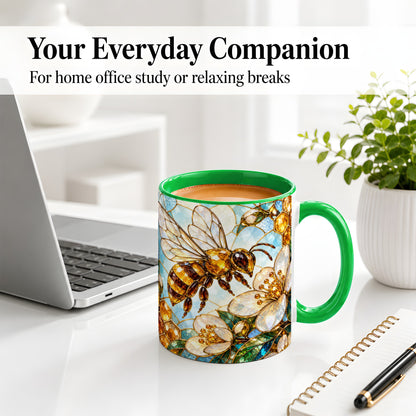 #pl[11oz|Green] Honey Bee Floral Ceramic Mug, Stained Glass Style Artwork