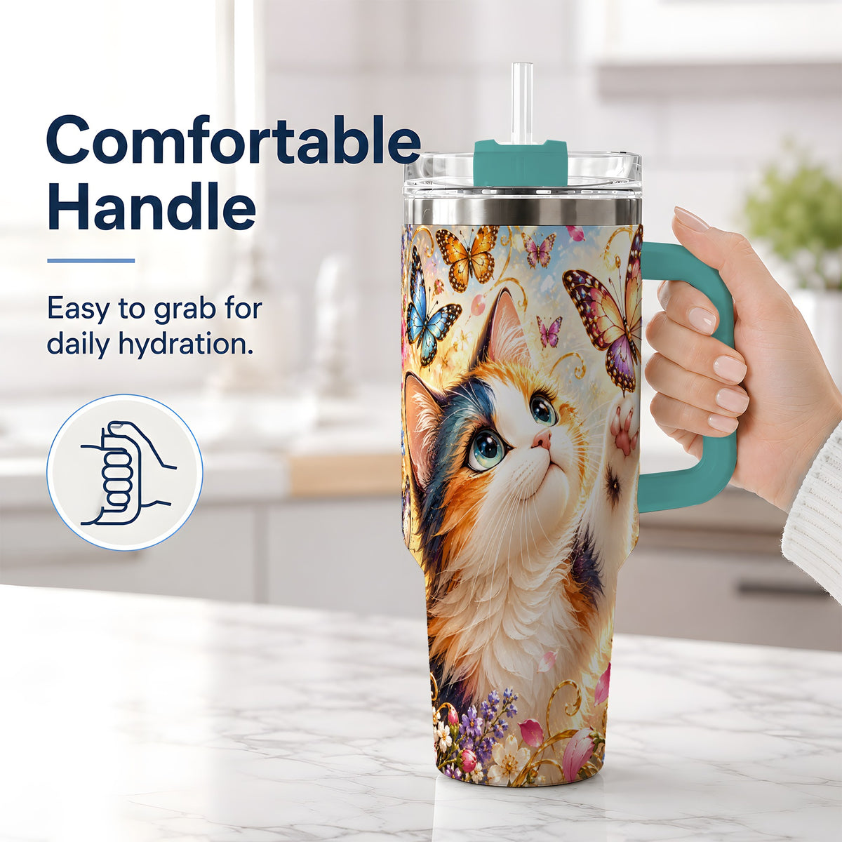 #pl[40oz|Green] Calico Cat Butterfly Tumbler, 40oz Tumbler with Floral Garden Artwork