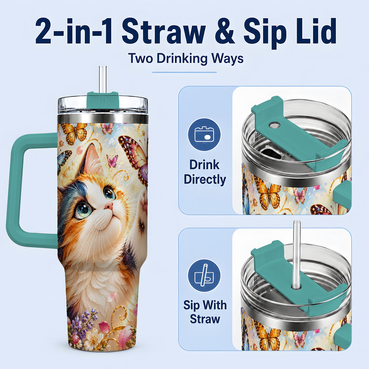 #pl[40oz|Green] Calico Cat Butterfly Tumbler, 40oz Tumbler with Floral Garden Artwork
