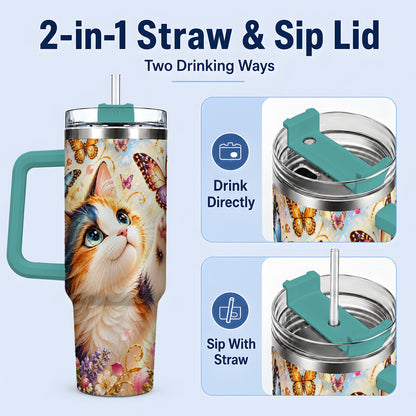 #pl[40oz|Green] Calico Cat Butterfly Tumbler, 40oz Tumbler with Floral Garden Artwork