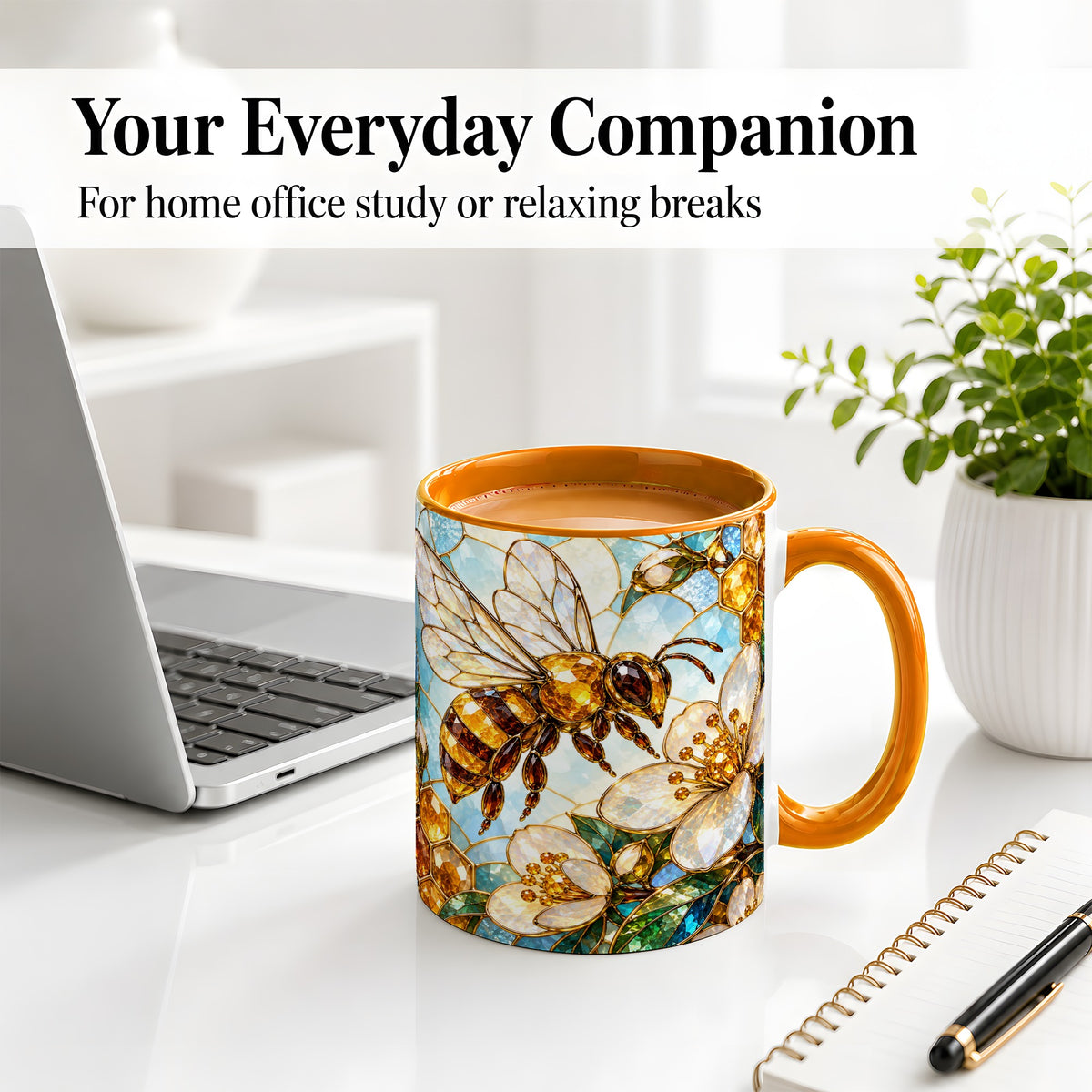 #pl[11oz|Orange] Honey Bee Floral Ceramic Mug, Stained Glass Style Artwork