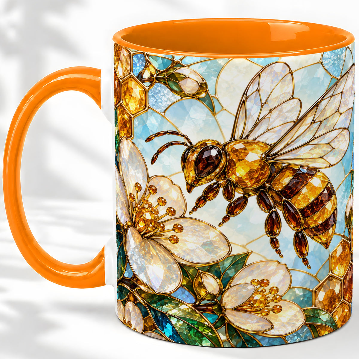 #pl[11oz|Orange] Honey Bee Floral Ceramic Mug, Stained Glass Style Artwork