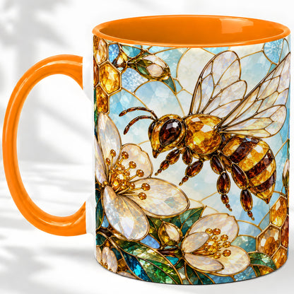 #pl[11oz|Orange] Honey Bee Floral Ceramic Mug, Stained Glass Style Artwork