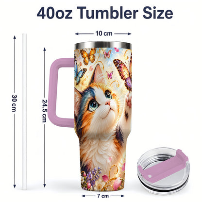 #pl[40oz|Pink] Calico Cat Butterfly Tumbler, 40oz Tumbler with Floral Garden Artwork