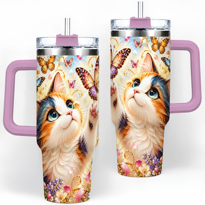 #pl[40oz|Pink] Calico Cat Butterfly Tumbler, 40oz Tumbler with Floral Garden Artwork
