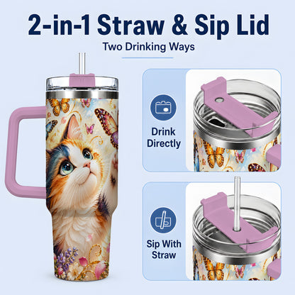 #pl[40oz|Pink] Calico Cat Butterfly Tumbler, 40oz Tumbler with Floral Garden Artwork