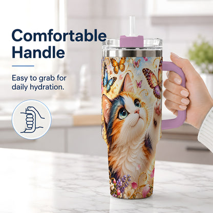 #pl[40oz|Pink] Calico Cat Butterfly Tumbler, 40oz Tumbler with Floral Garden Artwork