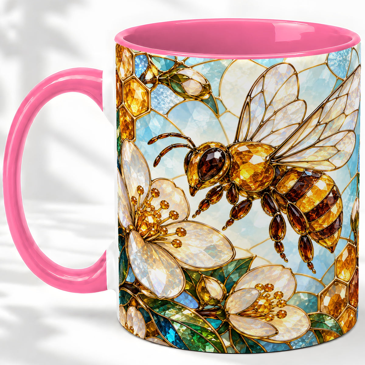 #pl[11oz|Pink] Honey Bee Floral Ceramic Mug, Stained Glass Style Artwork