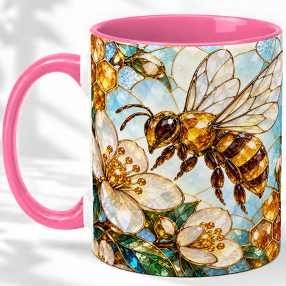 #pl[11oz|Pink] Honey Bee Floral Ceramic Mug, Stained Glass Style Artwork
