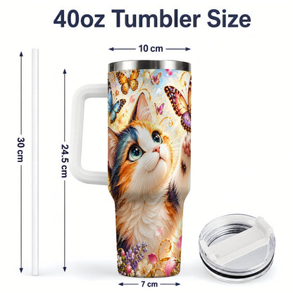 #pl[40oz|White] Calico Cat Butterfly Tumbler, 40oz Tumbler with Floral Garden Artwork