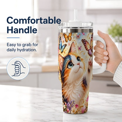 #pl[40oz|White] Calico Cat Butterfly Tumbler, 40oz Tumbler with Floral Garden Artwork